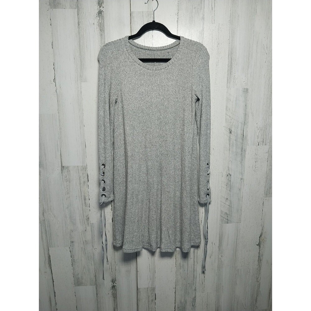 American Eagle Women's Ribbed Sweater Dress Medium Gray Long Sleeve Ties